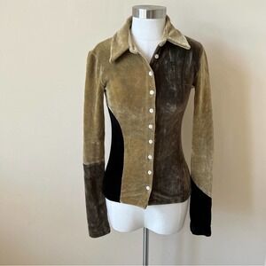 The Open Product Women's Button Down Top Color Block Size 1 Tan Brown 3030